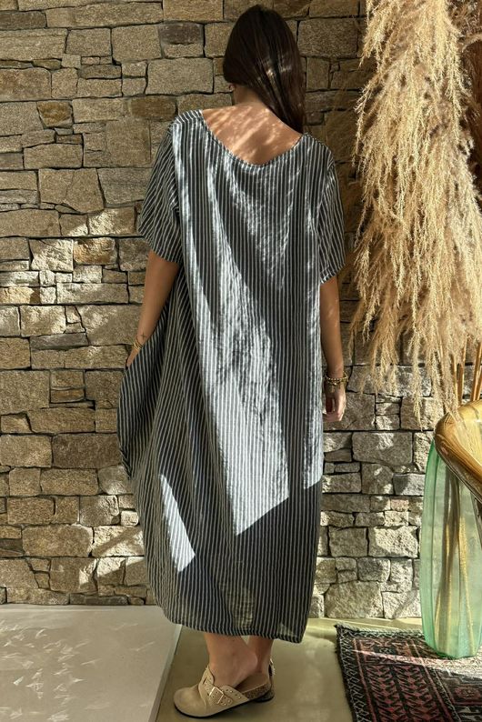 Salcombe Chalk Stripe Cotton Cocoon Dress Graphite
